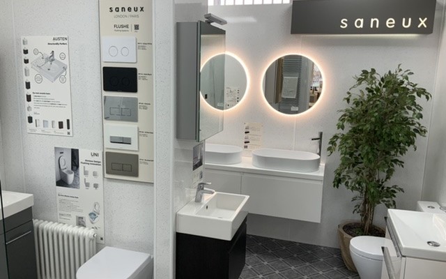 01 - Portsmouth Plumbing Supplies - Bathroom Showroom - Saneux Flushplates, Back-to-Wall Toilet, Vanity Units & LED Mirrors